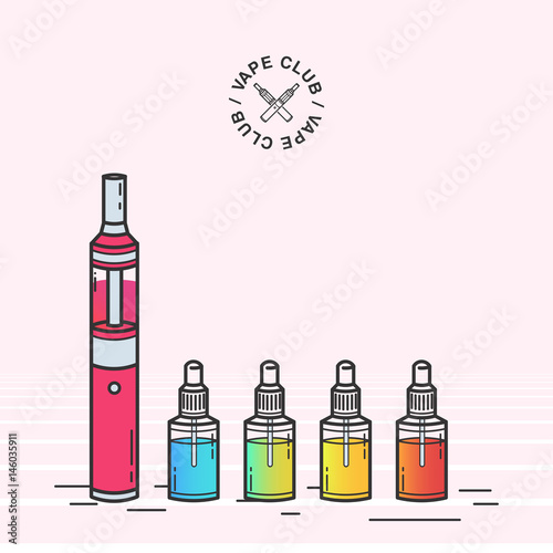 Vape smoking device. Illustration with e-cigarette and vaping juice.