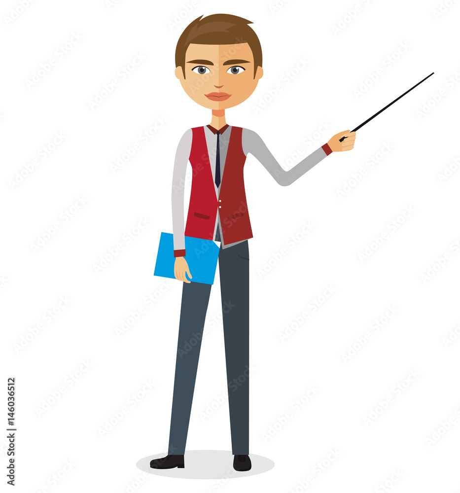 Blond businessman or teacher with a pointer vector flat cartoon illustration. Blond businessman or teacher with a pointer vector flat cartoon illustration.