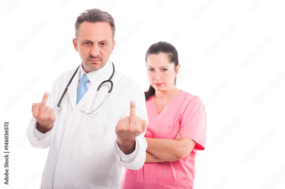 Doctor showing middle finger as an insult expression Doctor showing middle finger as an insult expression