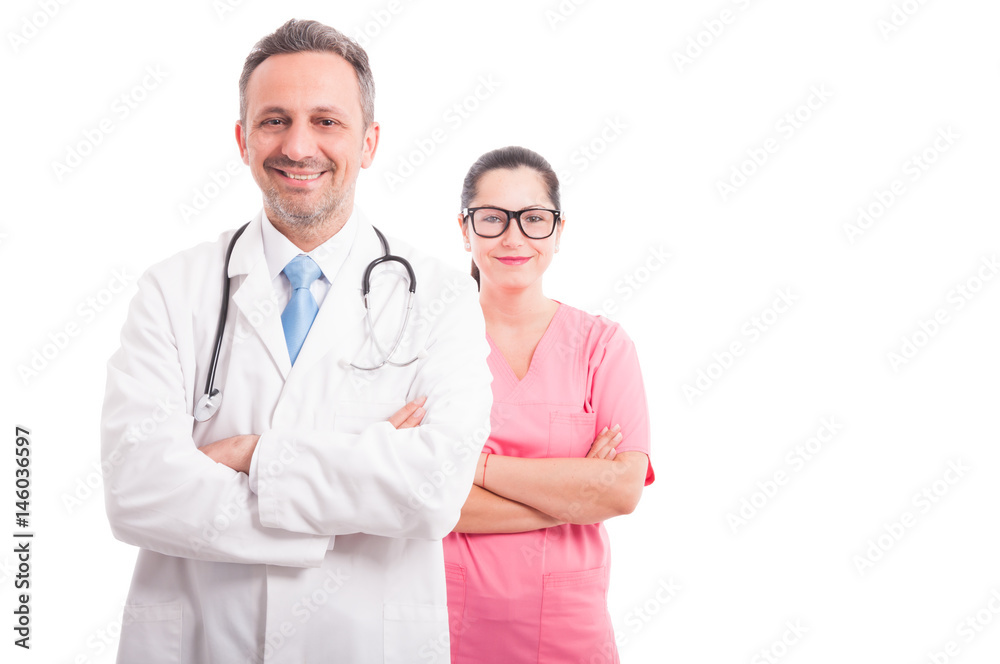 Smiling medic and nurse holding their arms crossed Smiling medic and nurse holding their arms crossed