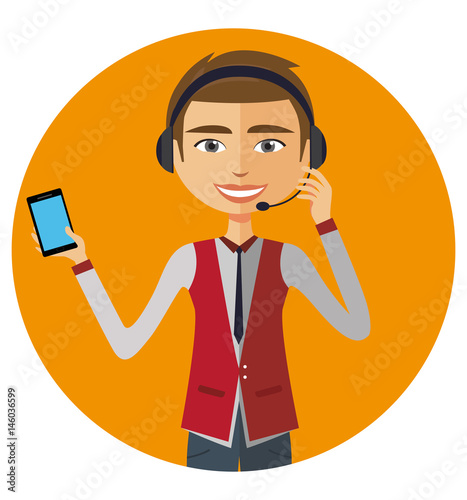 Customer service call center operator on duty .Man customer service vector illustration.