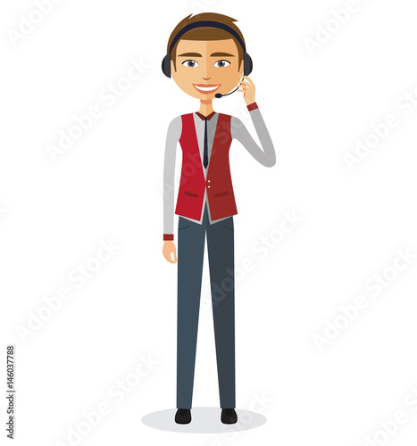 Customer service call center man operator on duty vector illustration.