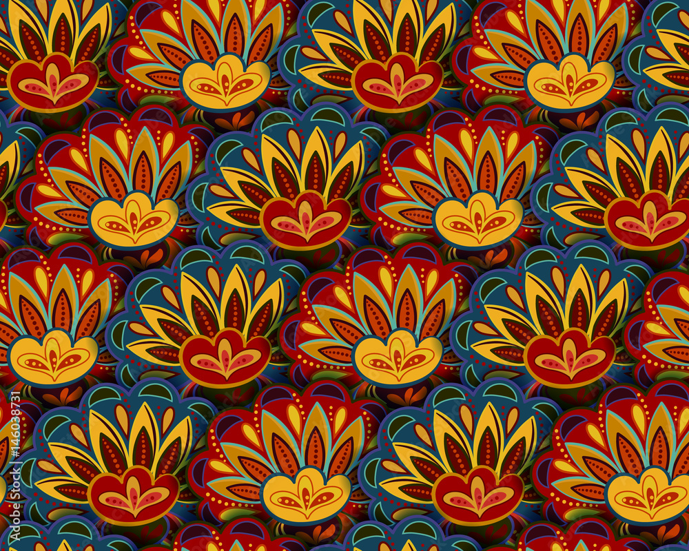 Seamless ethnic pattern with floral motives. Mandala stylized print template for fabric and paper. Boho chic design. Summer fashion. Blue yellow red.