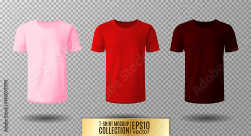 Shirt mock up set. T-shirt template. Pink, red and vinous version, front design.