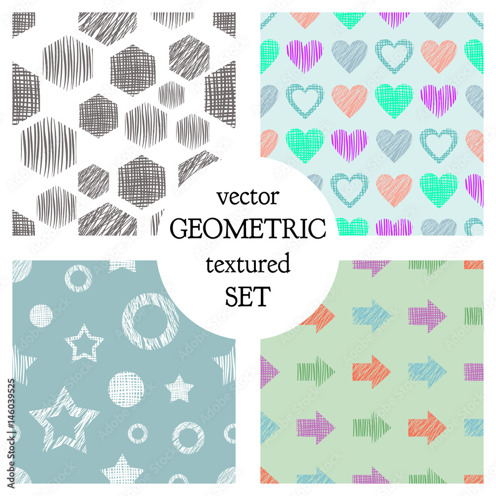 Set of seamless vector geometrical patterns with different geometric figures, forms. pastel endless background with hand drawn textured geometric figures. Graphic vector illustration Set of seamless vector geometrical patterns with different geometric figures, forms. pastel endless background with hand drawn textured geometric figures. Graphic vector illustration