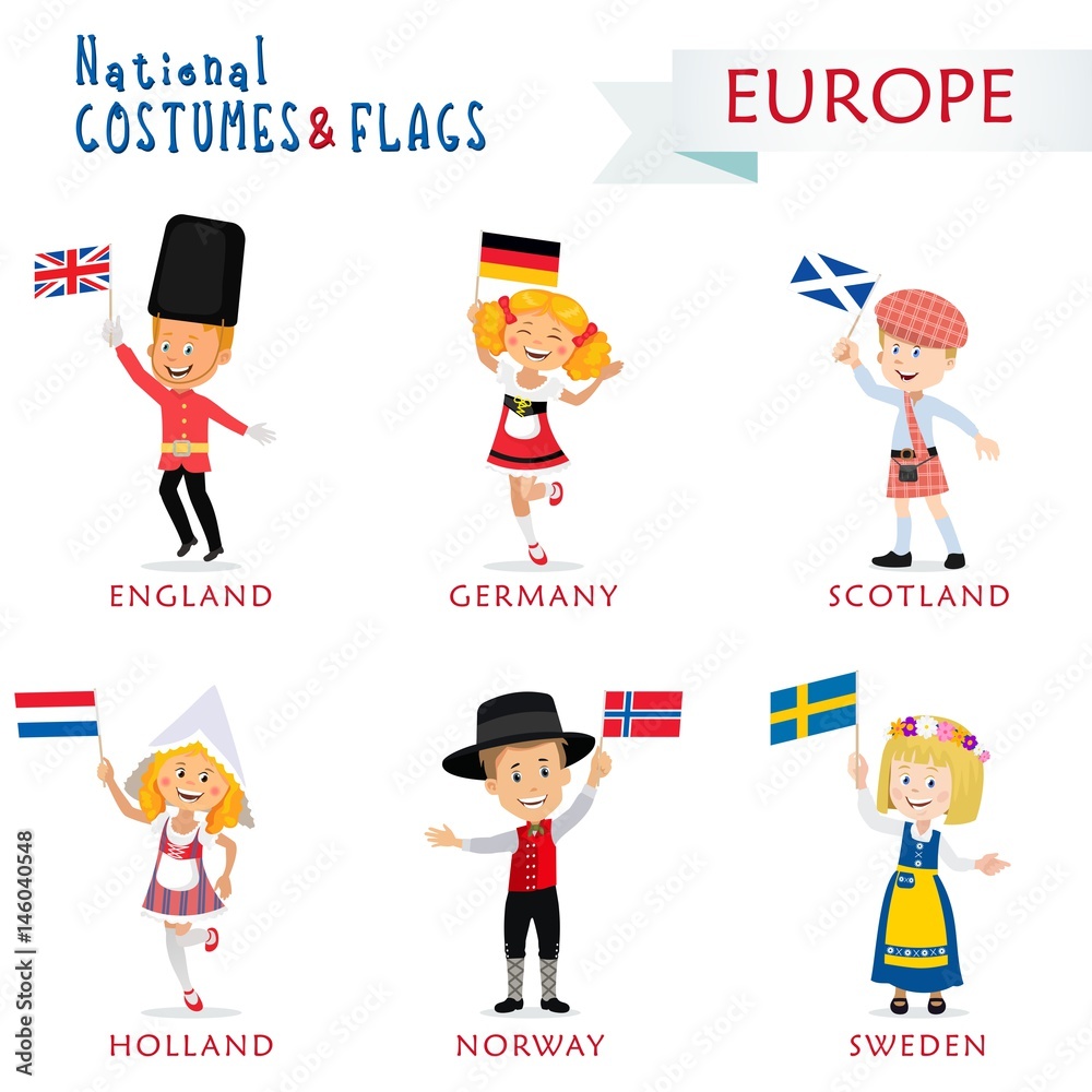 National costumes and flags of the nations - Kids of the world - Europe