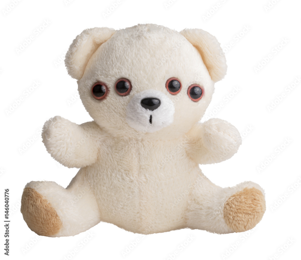 Weird teddy bear, four eyes. Nightmare and fears metaphor - obrazy, fototapety, plakaty 