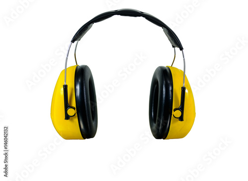 Hearing protection yellow ear muffs isolated on white background, with clipping paths