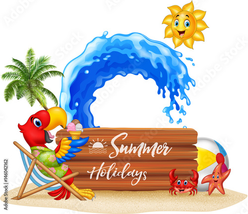 Summer holidays with macaw relaxing on the beach