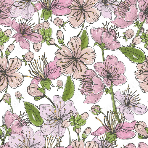 Realistic sakura hand drawn seamless pattern with buds, flowers, leaves. Colo...