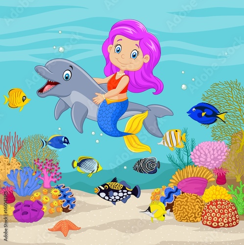 Cute mermaid with dolphin in the underwater background