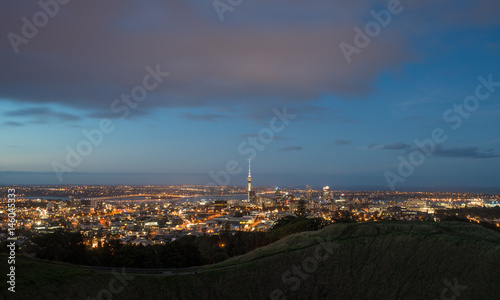 The scenery view of Auckland cityscape at night view from the summit of mount Eden volcano, North Island, New Zealand.