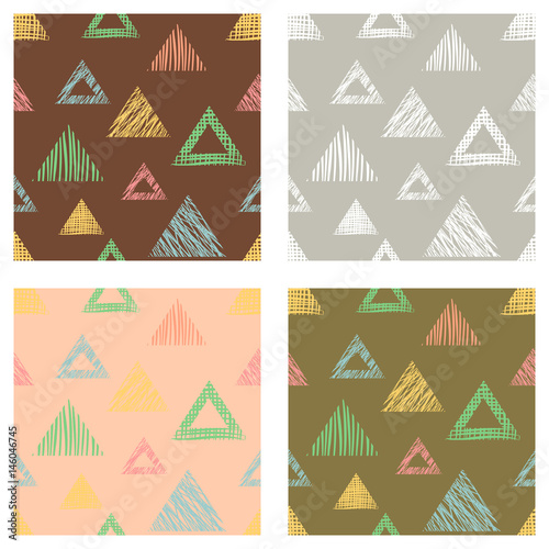 Set of seamless vector geometrical patterns with triangles. pastel endless background with hand drawn textured geometric figures. Graphic vector illustration Print for backgrounds web  wallpaper