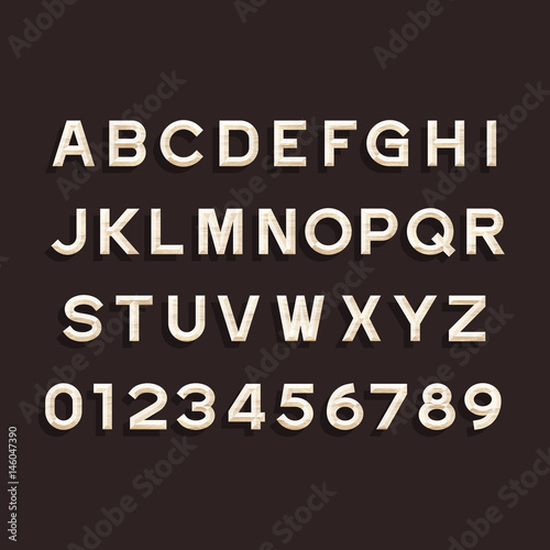 Wooden Alphabet Vector Font. Type letters and numbers. Chiseled block typeface for your design.