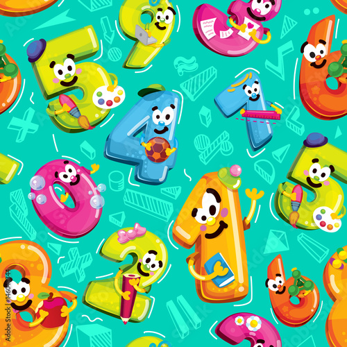 Seamless vector pattern of funny cartoon figures. School life and mathematics on a blue background. Numbers of figures with smiles characters