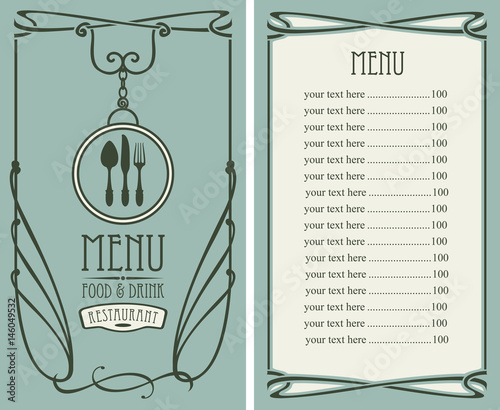 template vector menu for restaurant with price list, flatware and curlicues in baroque style on green background