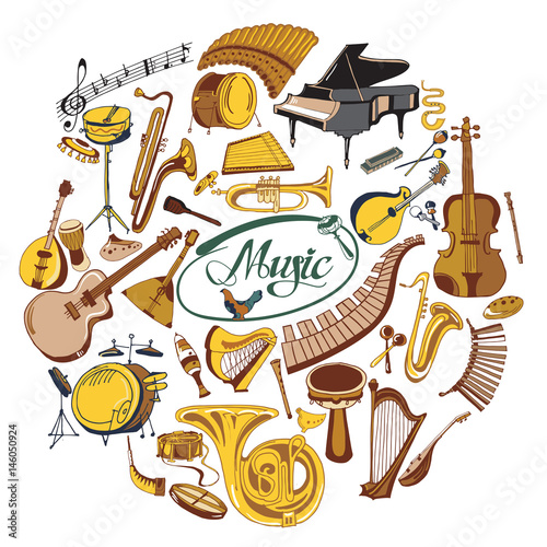 Colorful Drawing Music Icons Round Concept