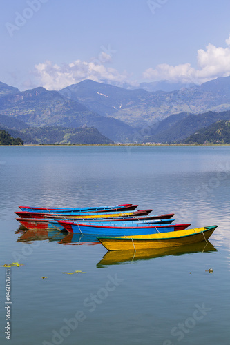 Lake Phewa in Pokhara, Nepal, with the Himalayan mountains