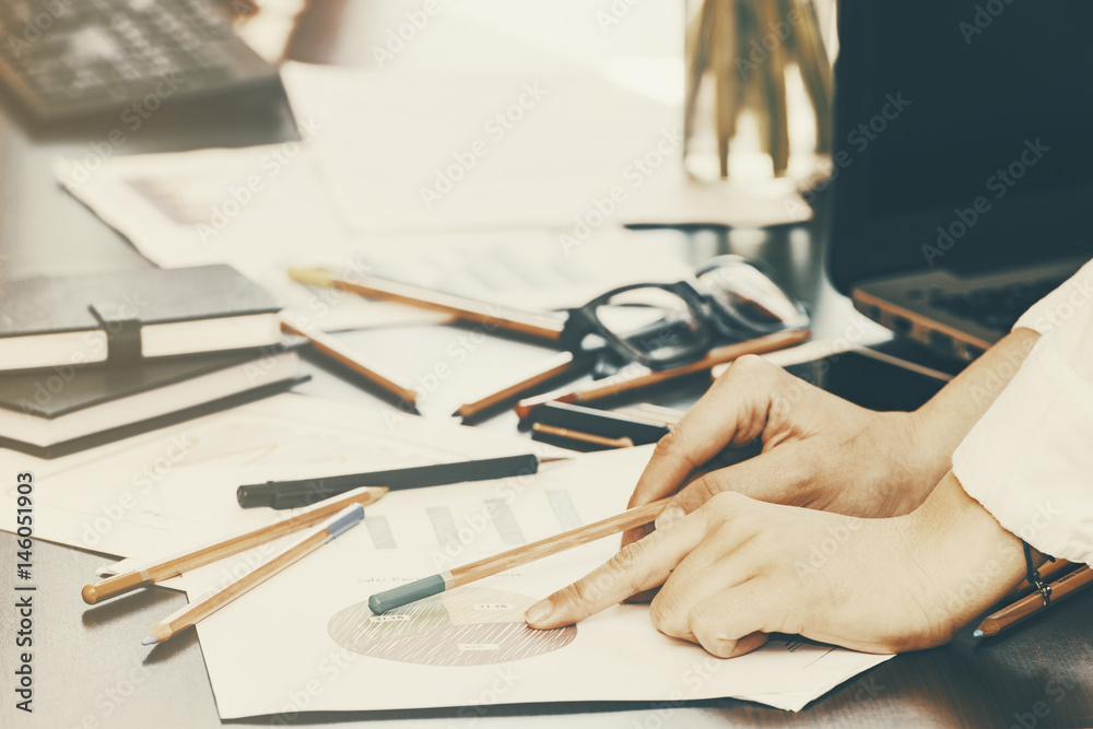 Fototapeta premium Girl working concept - business reports and charts.