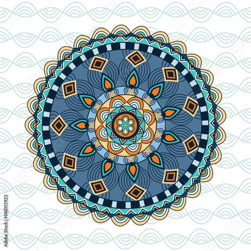 Tribal round ornament on tribal seamless texture background.Vintage vector illustration.Isolated mandala element, ethnic collection, aztec stile, tribal art, tribal design