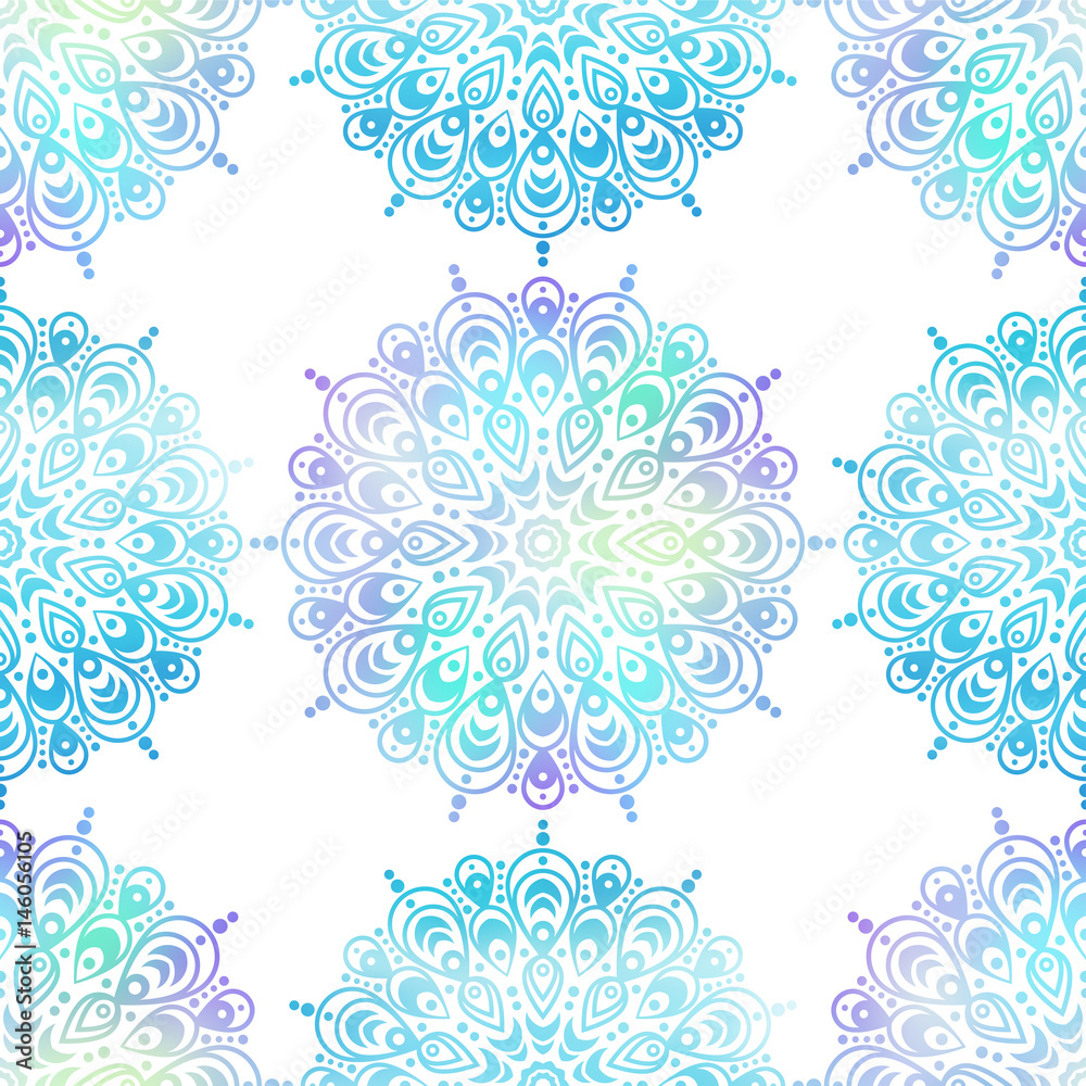 Ethnic boho seamless pattern. Mandala design in oriental style. Bokeh texture.
Ethnic boho seamless pattern. Mandala design in oriental style. Bokeh texture.