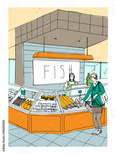 Fish department hand drawn colorful illustration. store interior with shoppers.
