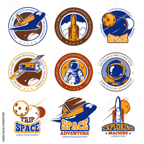 Astronaut flight, aviation, space shuttle and rockets vintage vector labels, logos, badges, emblems