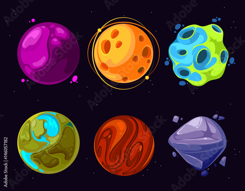 Space planets, asteroid, moon, fantastic world game vector cartoon icons