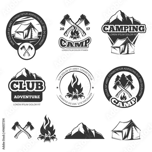 Nature vintage labels set for scout camp. Camping badges with tourist tent. Adventure vector illustrations