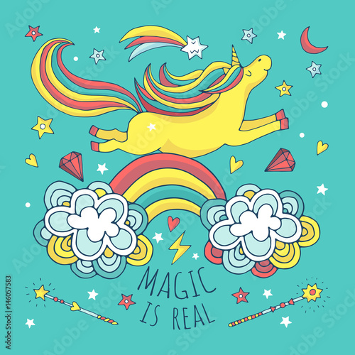 Magic vector background, poster with unicorn and rainbow