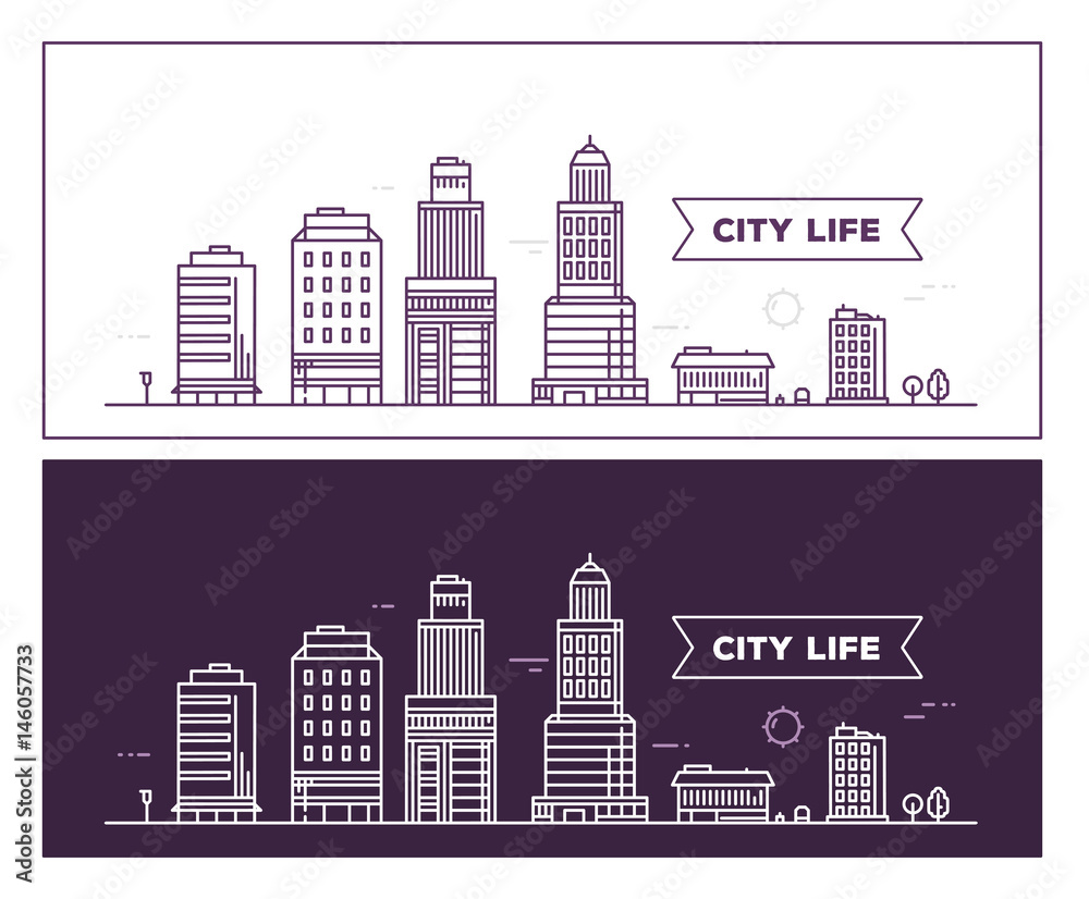 Vector illustration of white and black city landscape on different background. Day and night time urban city skyline.