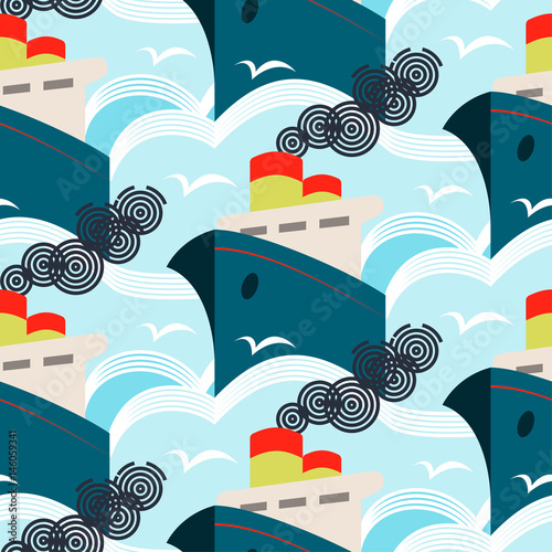 Seamless vintage art deco vector pattern. Summer travel cruise ships.