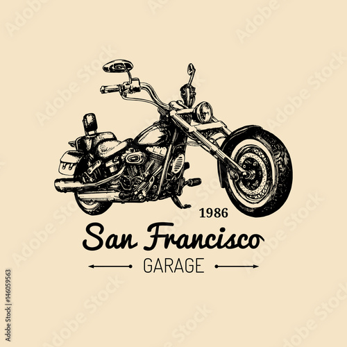 Biker club logo. Vector hand drawn motorcycle. Vintage detailed chopper illustration for custom company, store etc.