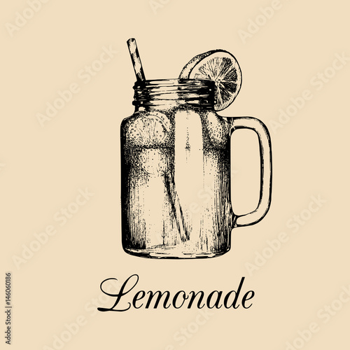 Mason jar isolated.Vector home made lemonade with straw and slice of lemon illustration.Hand drawn sketch of soft drink.