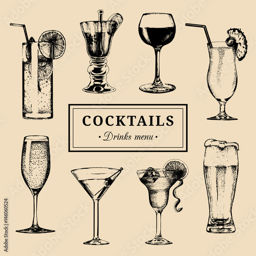Cocktails menu. Hand sketched alcoholic beverages glasses. Vector set of drinks illustrations, beer, pina colada etc.