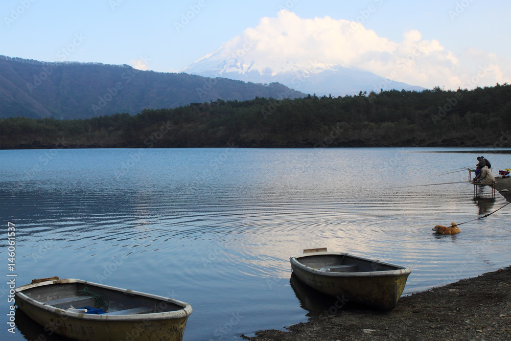 Boat at the lake saiko with Mount Fuji i background