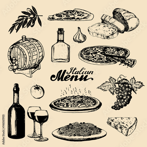 Italian cuisine menu.Sketched traditional southern europe food and drink signs.Vector set of mediterranean meal elements