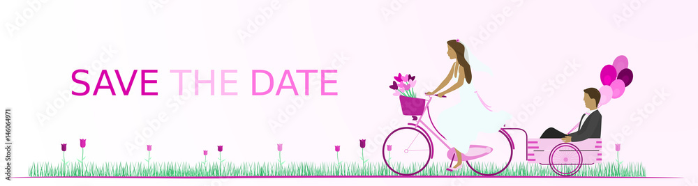 Save the date - wedding. Bridal couple with bicycle in a field full of heart flowers and with balloons. Pink shade. Save the date - wedding. Bridal couple with bicycle in a field full of heart flowers and with balloons. Pink shade.