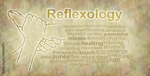 Reflexology Word Cloud Banner - outline illustration of a pair of hands holding a foot beside a reflexology word cloud on a parchment stone effect background