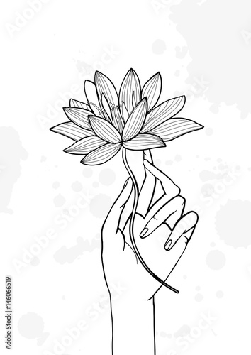 Hand holding lotus flower. Contour hand drawn illustration. yoga, meditation, awakening symbol.