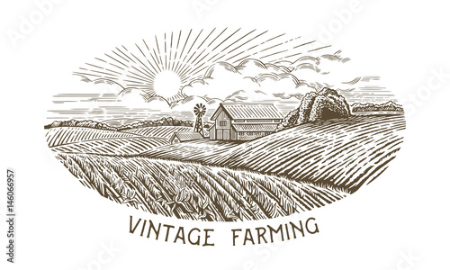 Rural landscape in engraving and vintage style. Hand drawn and converted to vector Illustration.