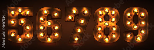 Retro light bulb font. Metallic digits