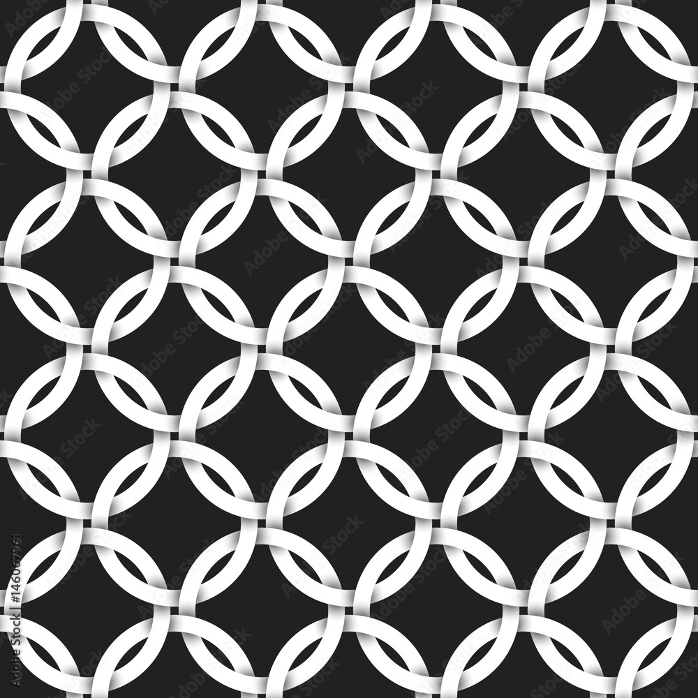Fototapeta premium Repeatable background of white vintage pattern lattice. Swatch of intertwined rings. Volumetric seamless pattern in modern style.