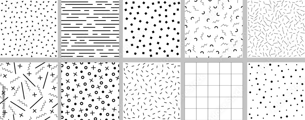 Set of minimalistic black and white neo memphis patterns. - obrazy, fototapety, plakaty 