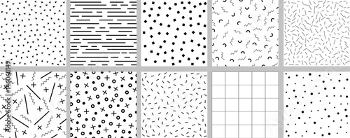 Set of minimalistic black and white neo memphis patterns.