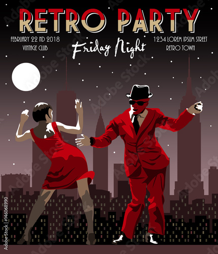 Couple dancing on the background of night city. Handmade drawing vector illustration. Vintage style.
