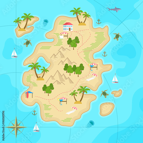 Cartoon tropical island in ocean. Top view exotic island map. Vector game design for app.