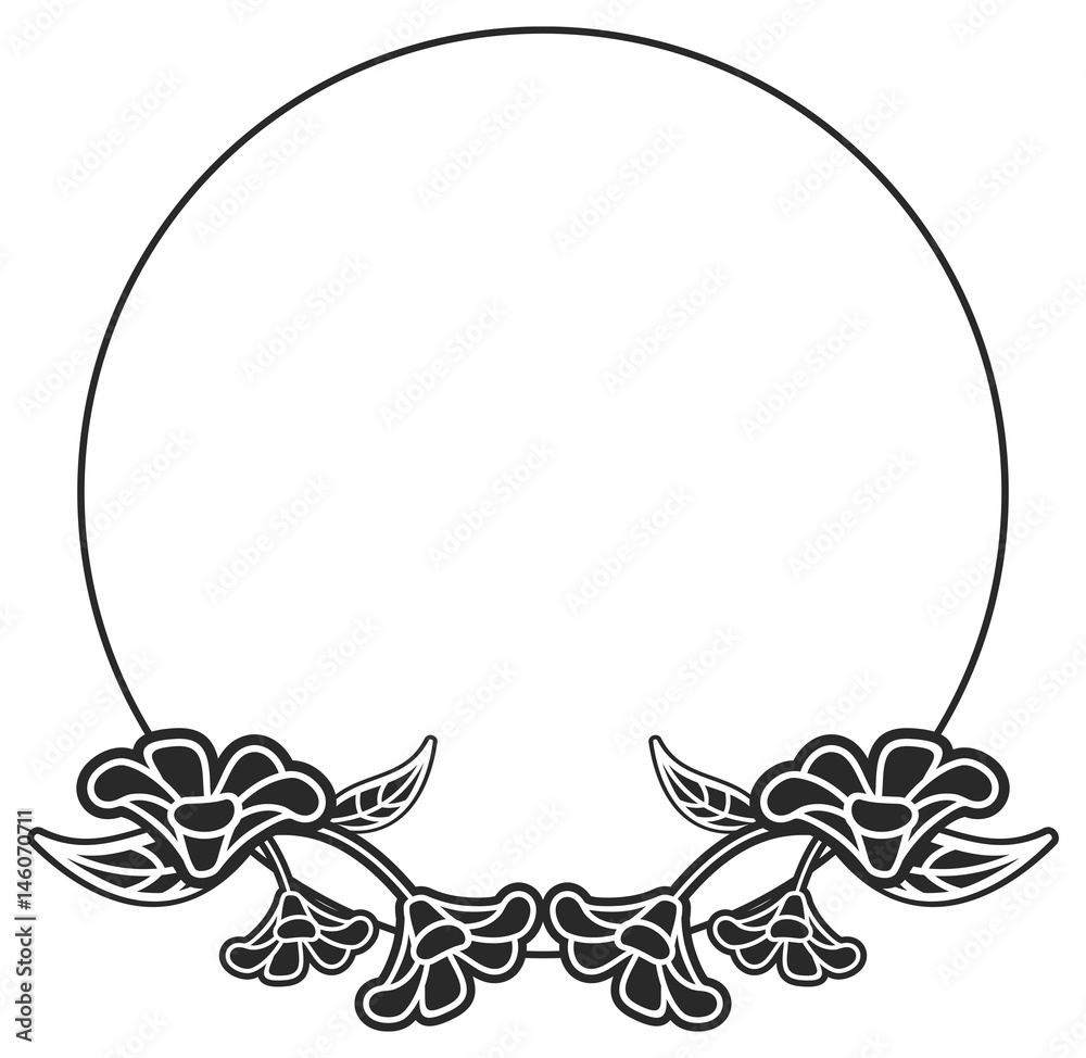 Black and white round frame with floral silhouettes. Vector clip art ...