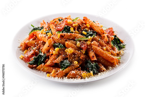 Pasta with tomato sauce and corn