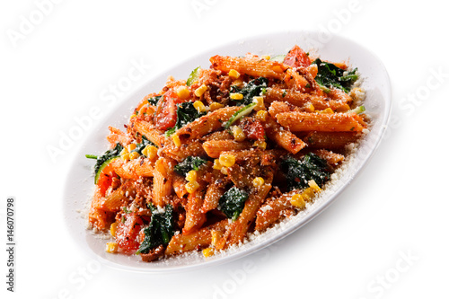 Pasta with tomato sauce and corn